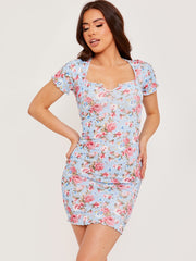 Plunge Neck Ribbed Floral Dress