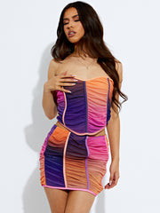 Tie-Dye Ruched Mesh Bandeau Crop Top & Skirt Co-ord