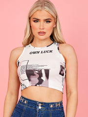 Newspaper Graphic Ribbed Vest Crop Top