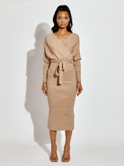 Wrap Front & Back Fine Knit Ribbed Midi Dress With Belt