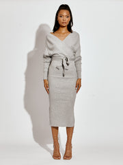 Wrap Front & Back Fine Knit Ribbed Midi Dress With Belt