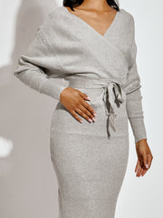 Wrap Front & Back Fine Knit Ribbed Midi Dress With Belt
