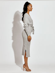 Wrap Front & Back Fine Knit Ribbed Midi Dress With Belt