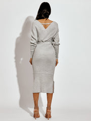 Wrap Front & Back Fine Knit Ribbed Midi Dress With Belt