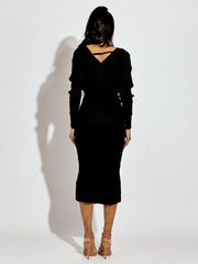 Wrap Front & Back Fine Knit Ribbed Midi Dress With Belt
