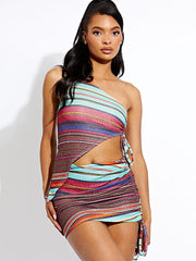 Gestreepte Lurex Ruched Asymmetric Top & Rok Coördin